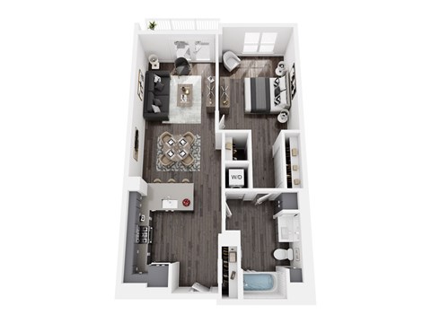 A top down view of a small apartment with a living room, kitchen, and bathroom.